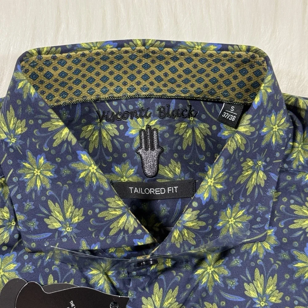 Visconti‎ Black Men's Size Small Green Blue Leaf Print Long Sleeve Shirt